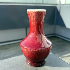 Catalina Pottery Red Oxblood Flambé Glaze Over Aqua Vase 5" Gladding McBean